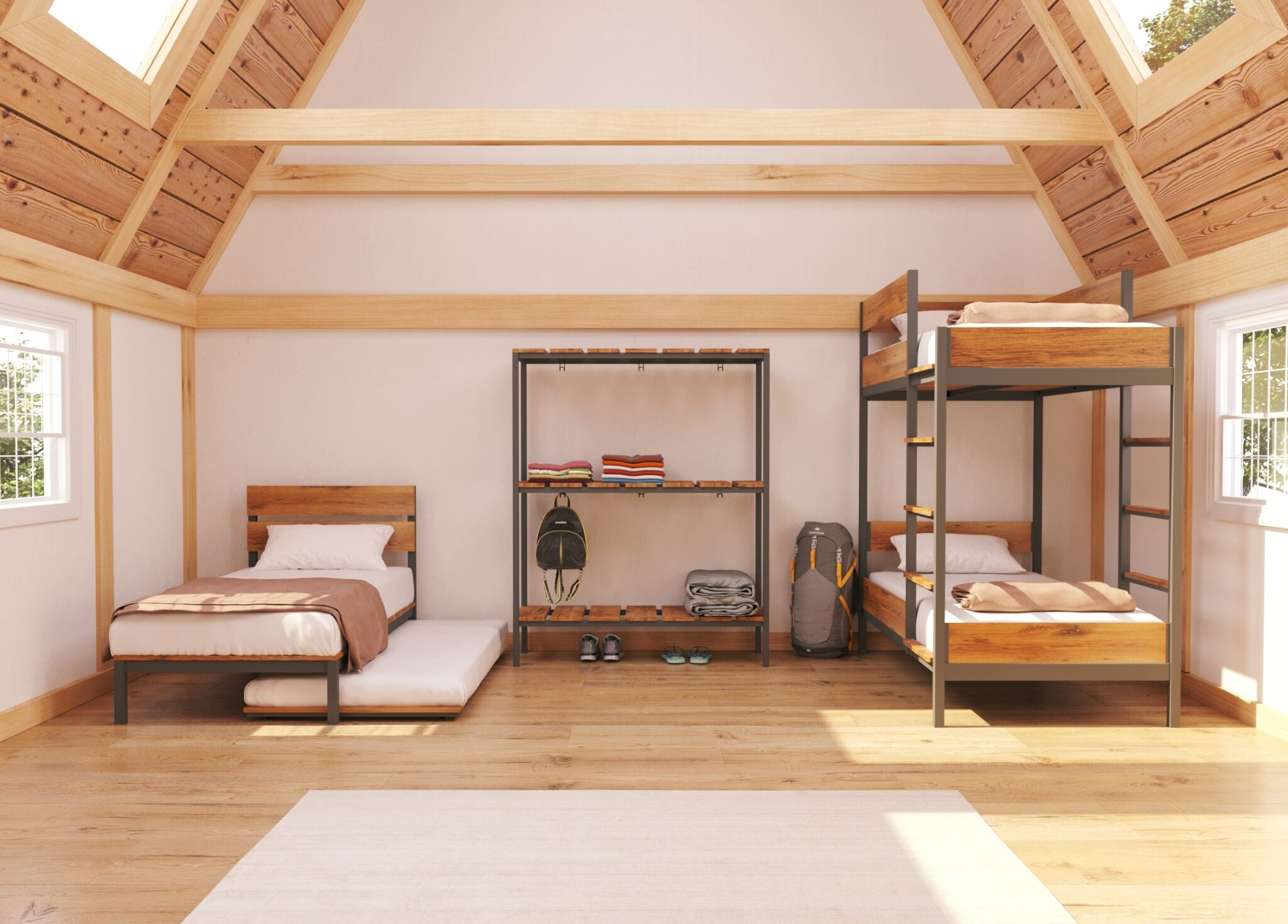 Dormitório de pousada estilo rústico com cama, bicama, beliche e estante de aço com madeira da linha montes com teto angulado e vigas de madeira