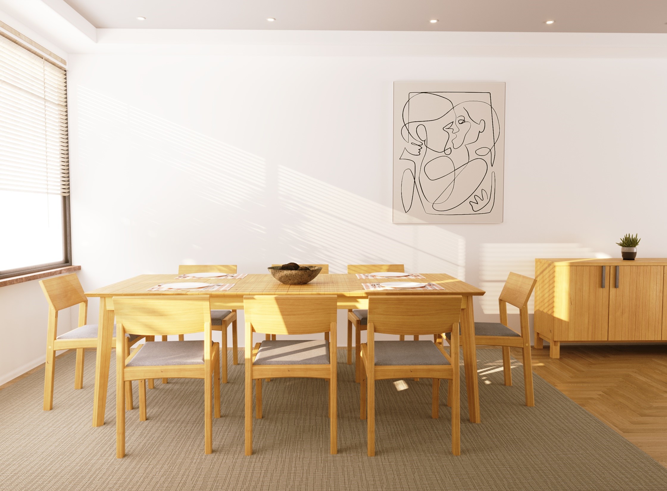 sala de jantar com mesa e cadeiras de madeira pinus, ao fundo parede com quadro decorativo
