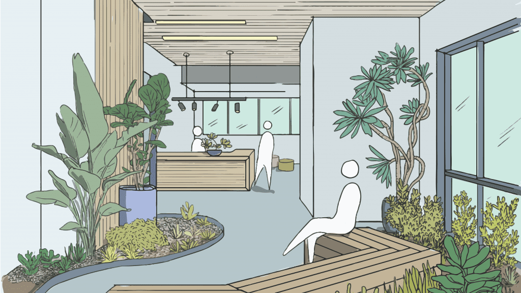 desenho representativo de recepção com moveis de madeira com plantas e pessoas